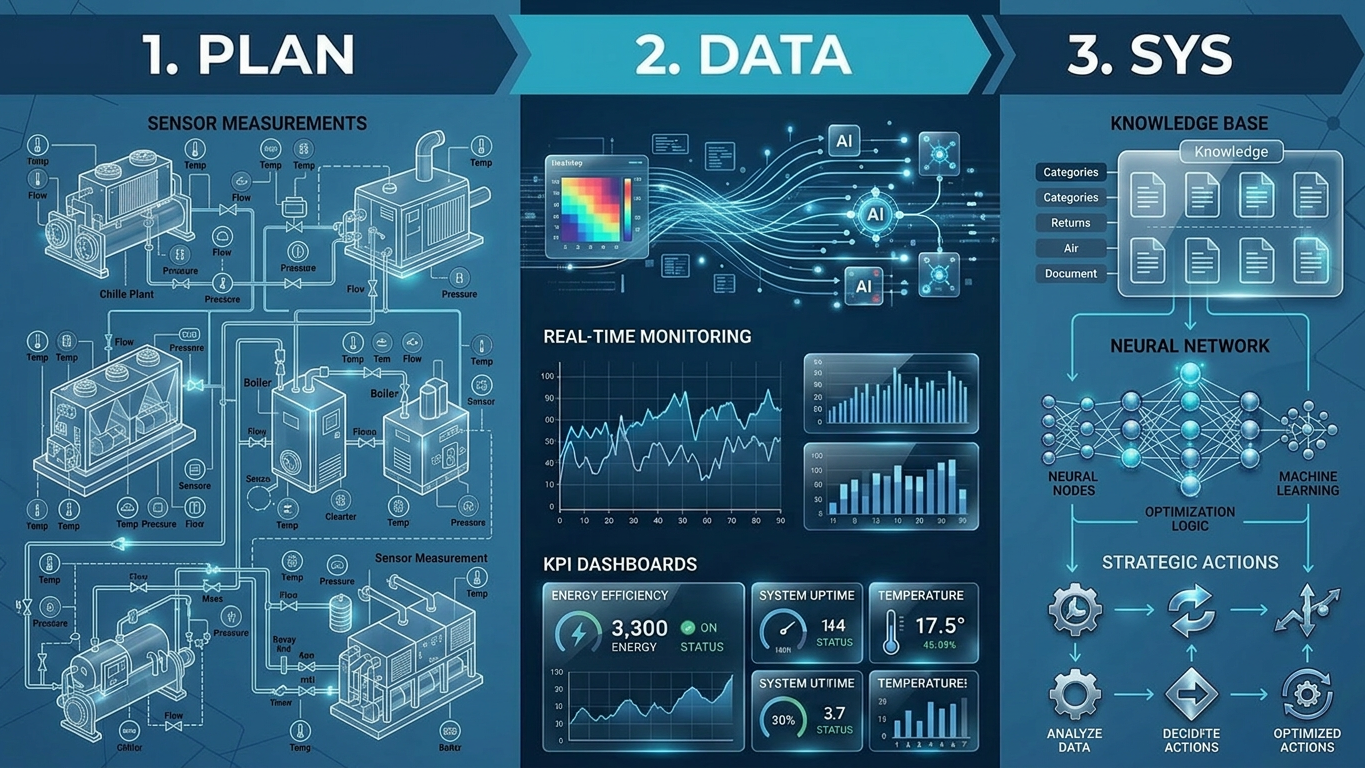 Vollständige Plan Data Systems Visualisierung mit Sensor Measurements, Real-Time Monitoring, KPI Dashboards, Knowledge Management und AI-gestützter Entscheidungslogik